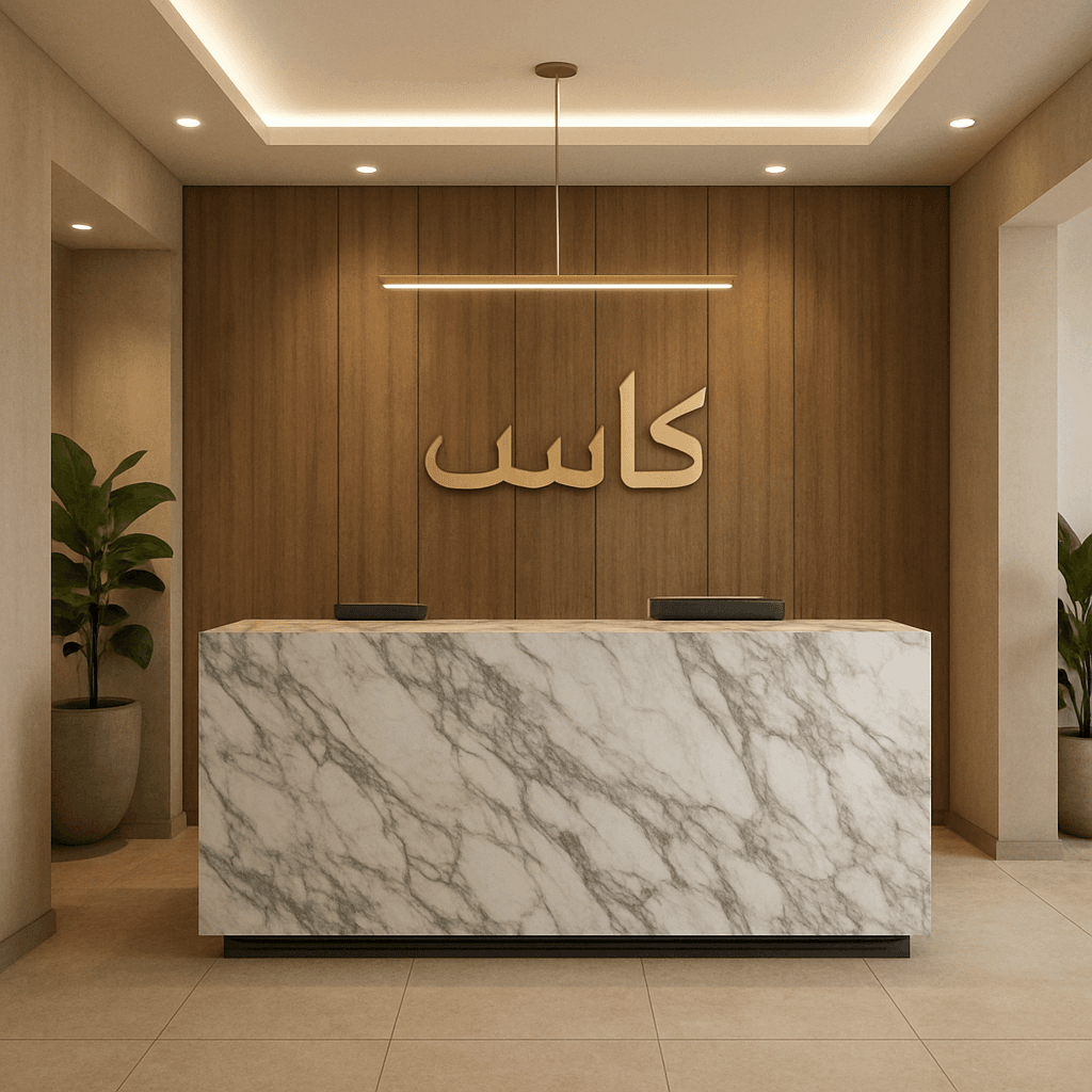 تصميم داخلي مع طاولة استقبال رخامية